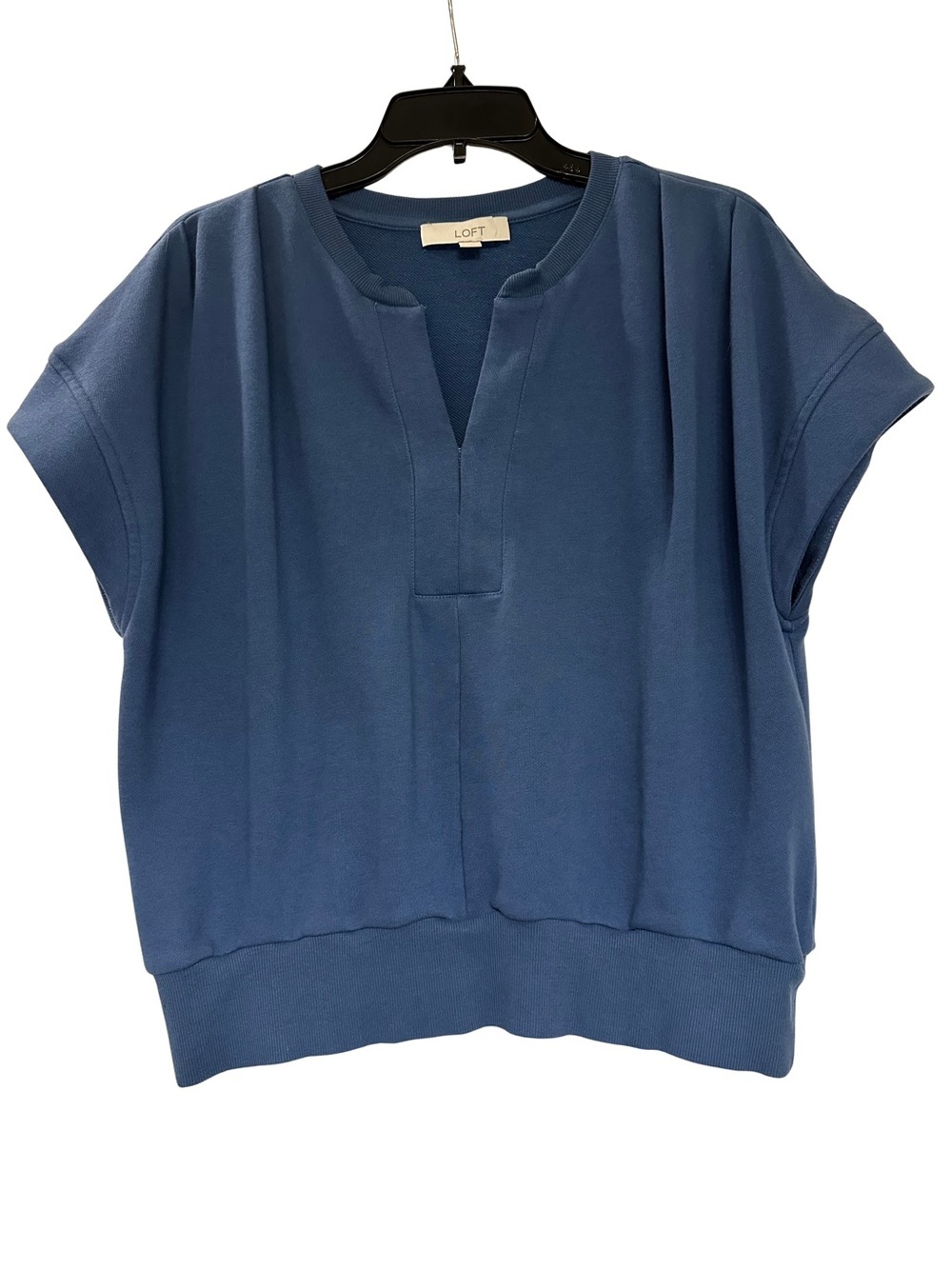 LOFT Blue Split Neck Cap Sleeve Sweatshirt Top Sz L